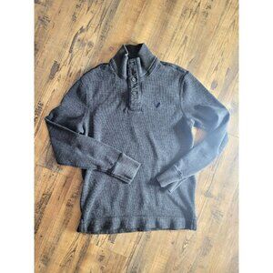 American Eagle Mens 1/4 Zip Sweater Gray Med.  Athletic Fit Knit Button Pullover